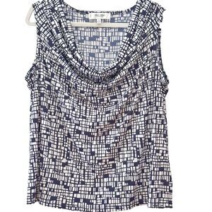 Jones Studio NY Sleeveless Blouse (1X), Drape Cowl Neck, White w/Blue Print NWOT